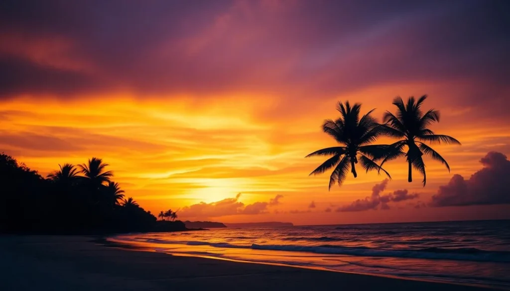 Sunset view at Tanjung Gelam Beach in Karimunjawa with silhouettes of palm trees against an orange sky