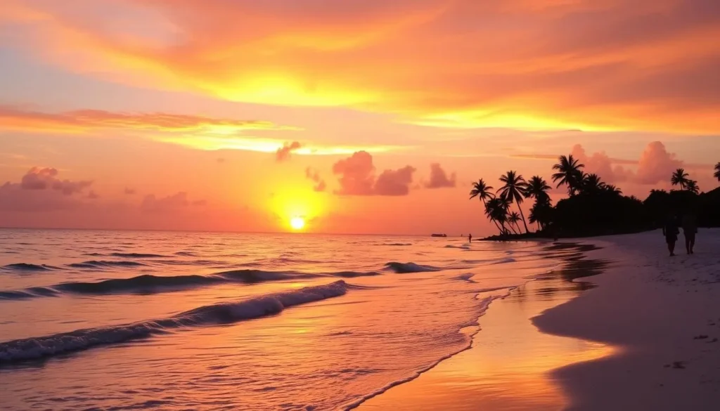 Sunset view at Valley Church Beach, Antigua and Barbuda with palm trees silhouettes