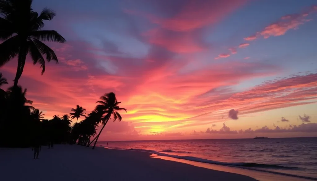 Sunset view at West Bay Beach Honduras with palm trees silhouetted against orange sky