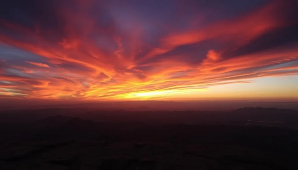Sunset view from Bible Rock with silhouettes of mountains against an orange and purple sky