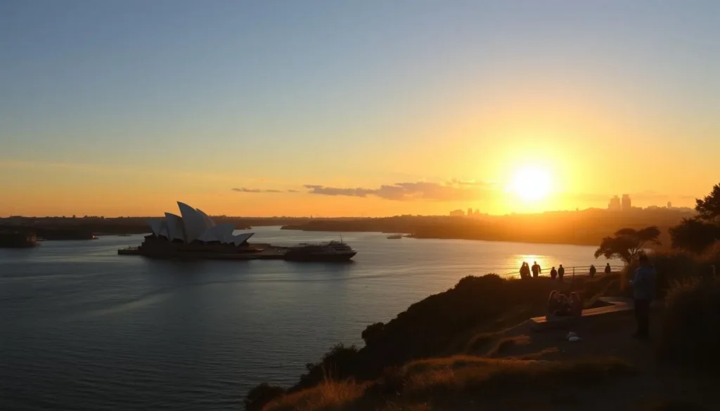 Sunset view from Bradleys Head in Sydney Harbour National Park with Sydney Opera House silhouette