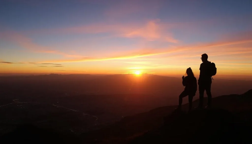 Sunset view from Cerro Provincia summit with hikers silhouette