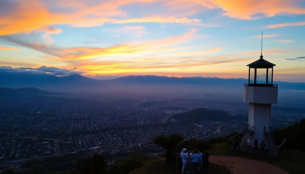 Sunset view from El Chipre Viewpoint showing the city of Manizales and surrounding mountains