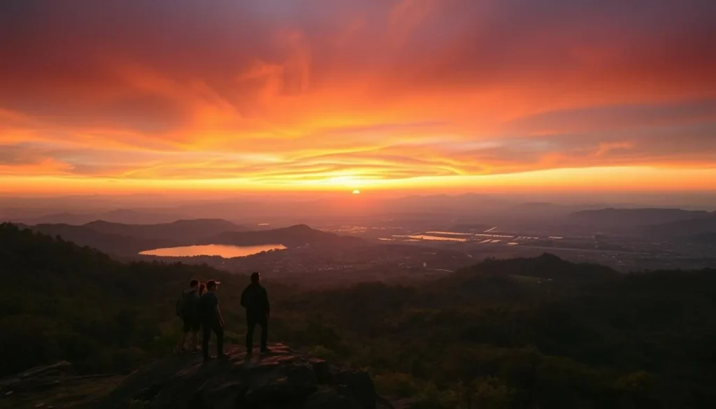 Sunset view from Hantana Mountain Range overlooking Kandy city and surrounding countryside