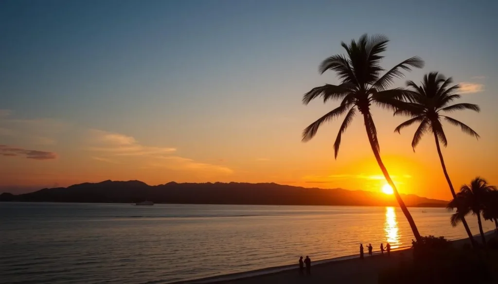 Sunset view from Isla Ixtapa looking toward the mainland with silhouettes of palm trees