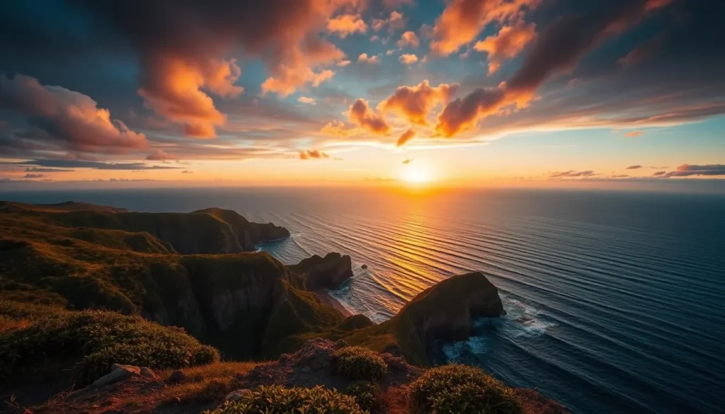 Sunset view from Kattang Nature Reserve lookout over the Pacific Ocean