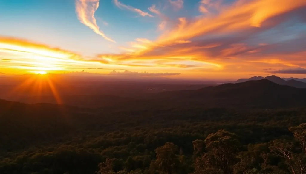 Sunset view from Lamington National Park lookout with golden light over the rainforest canopy