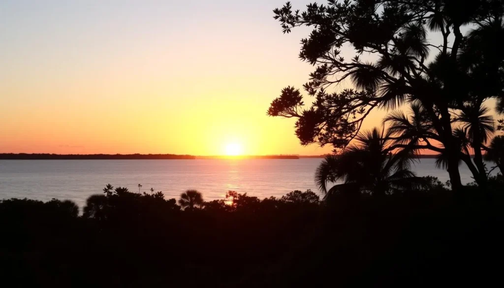 Sunset view from Lignumvitae Key Botanical State Park looking toward Florida Bay with silhouettes of mangroves Sunset view from Lignumvitae Key Botanical State Park looking toward Florida Bay with silhouettes of mangroves