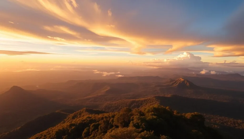 Sunset view from Marojejy summit with panoramic vistas of forested mountains