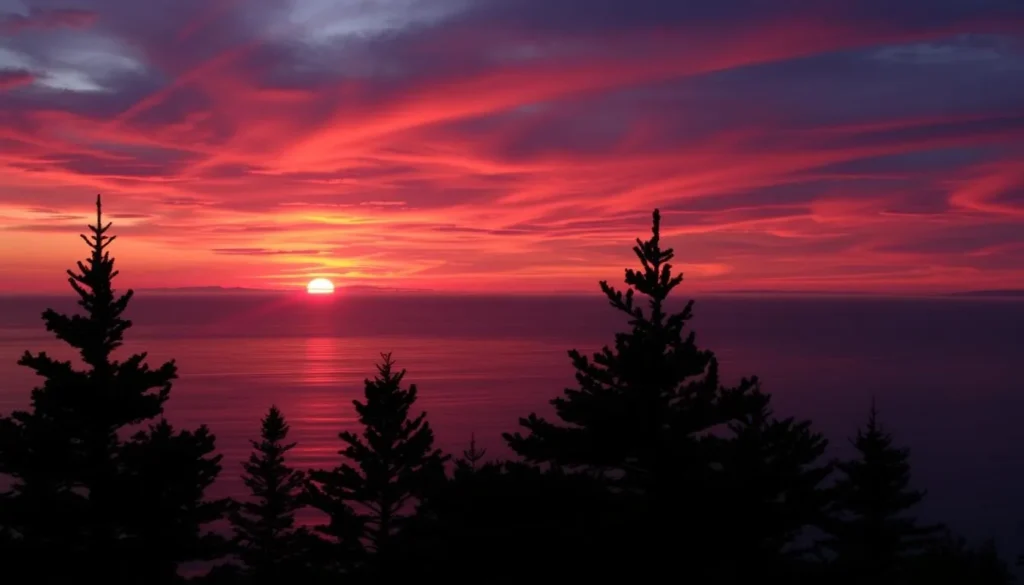 Sunset view from Matinicus Island with orange and purple sky over the Atlantic Ocean Sunset view from Matinicus Island with orange and purple sky over the Atlantic Ocean
