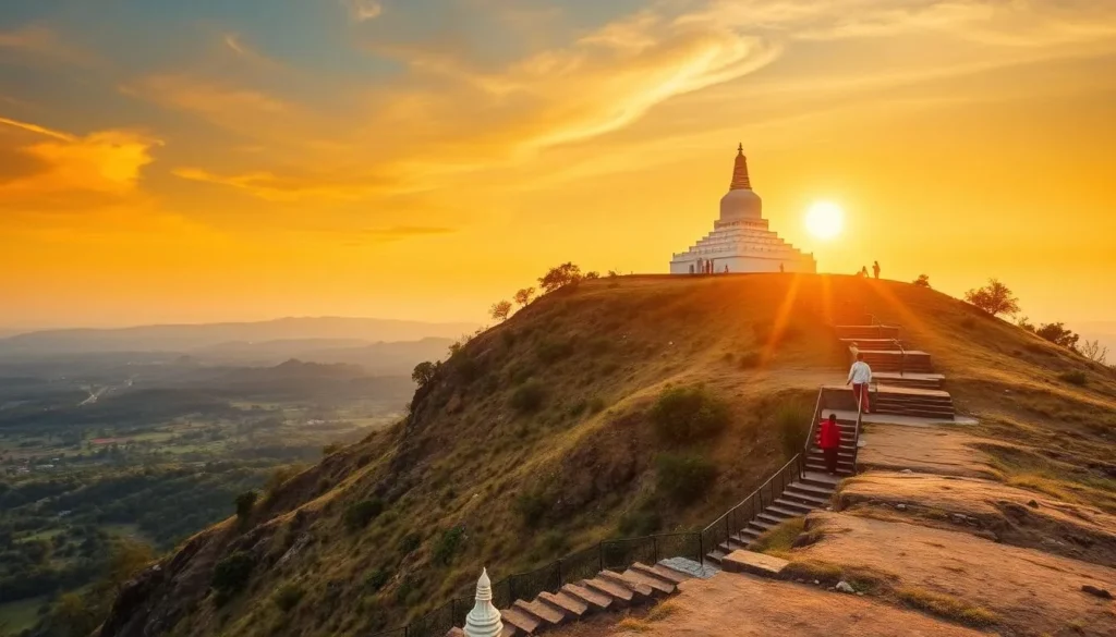 Sunset view from Mihintale mountain with white stupa and panoramic views of the countryside