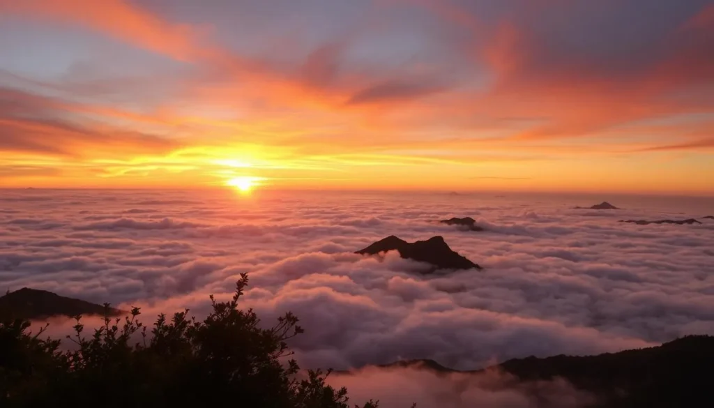 Sunset view from Montana Santa Barbara summit with clouds below Sunset view from Montana Santa Barbara summit with clouds below