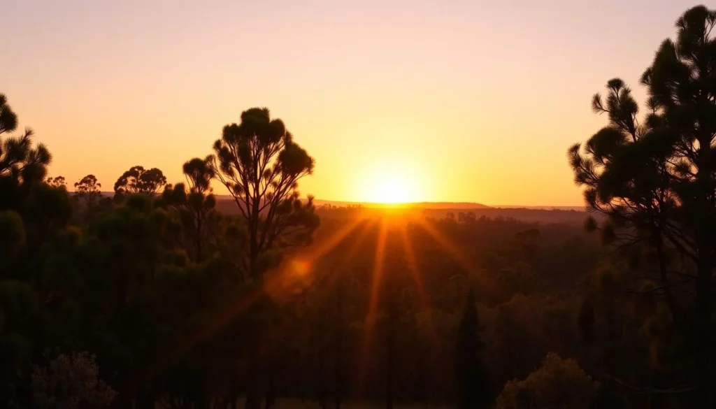 Sunset view from Mount Crawford Forest lookout with golden light filtering through trees in South Australia