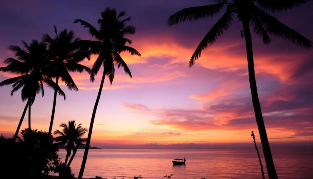 Sunset view from Nosy Tanikely National Park Madagascar with silhouette of palm trees Sunset view from Nosy Tanikely National Park Madagascar with silhouette of palm trees