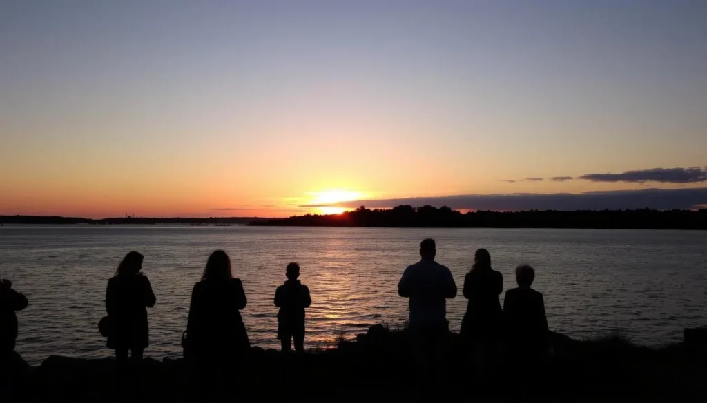 Sunset view from Peaks Island looking toward Portland with silhouettes of people enjoying the view Sunset view from Peaks Island looking toward Portland with silhouettes of people enjoying the view