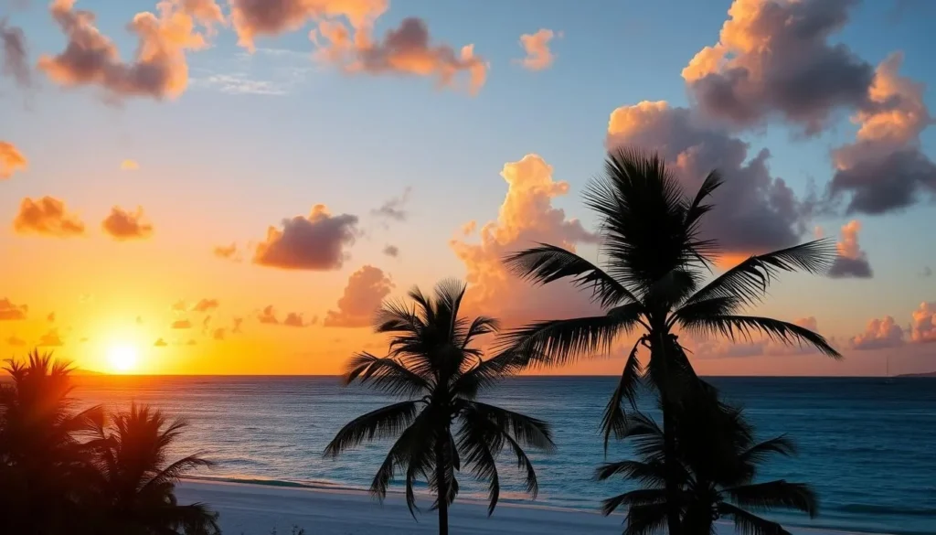 Sunset view from Sandy Island, Anguilla with silhouettes of palm trees