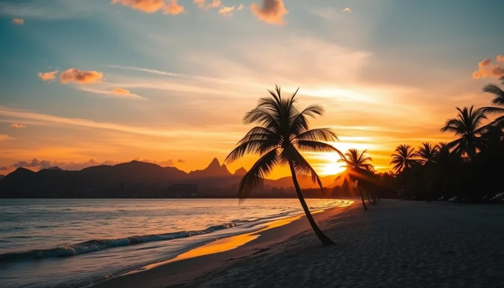 Sunset view from São Francisco Beach in Niteroi with Rio de Janeiro skyline in the background Sunset view from São Francisco Beach in Niteroi with Rio de Janeiro skyline in the background