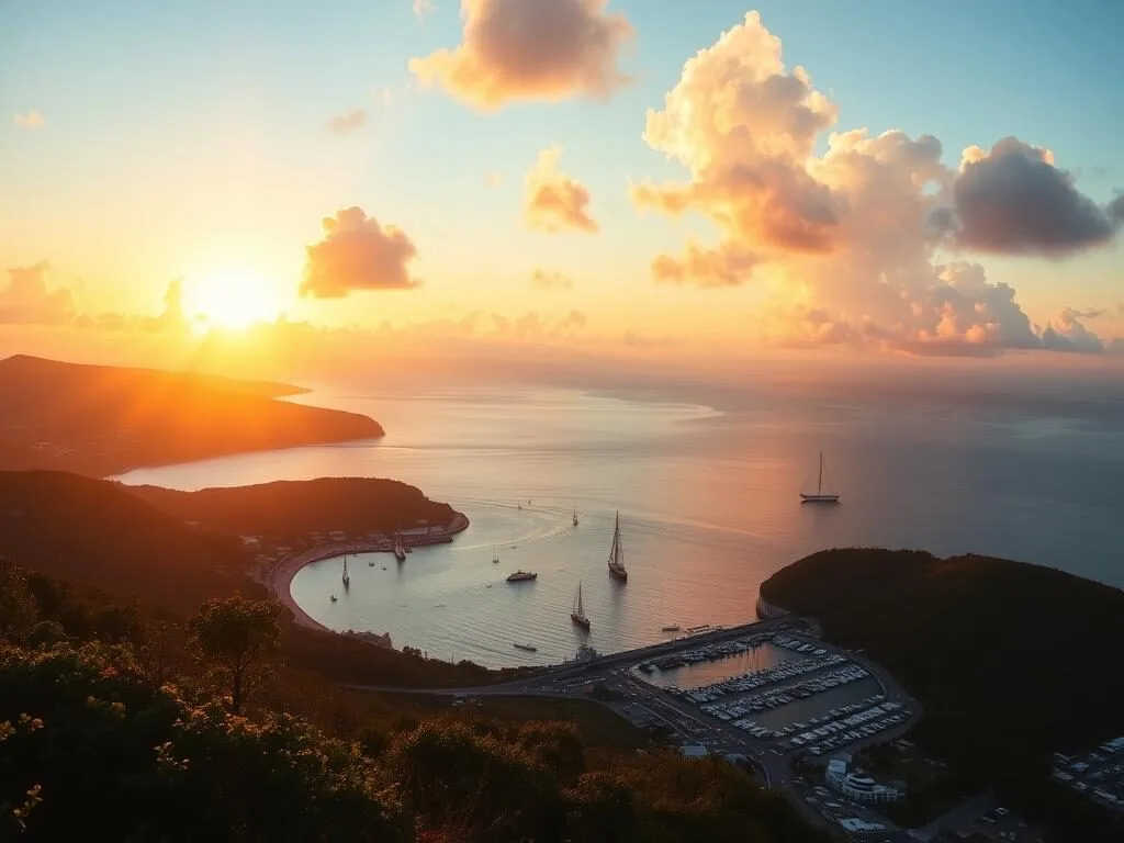 Sunset view from Shirley Heights Lookout over English Harbour with boats in the water