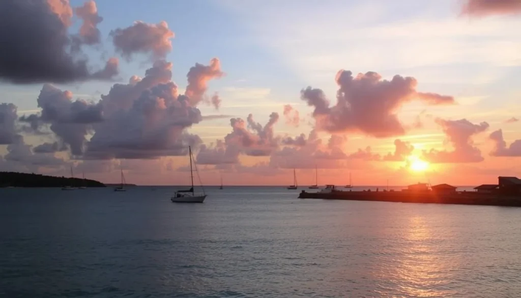Sunset view from Speightstown jetty with boats in the harbor and colorful sky