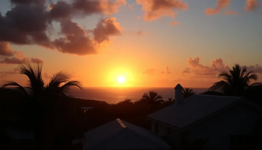 Sunset view from Stoney Ground Village, Anguilla with palm trees and ocean in the distance