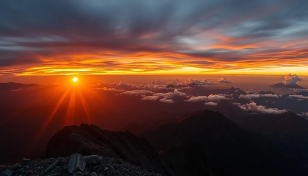 Sunset view from Sumantri Peak showing the dramatic mountain landscape