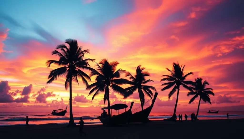 Sunset view from a Bali beach with silhouettes of palm trees and traditional fishing boats Sunset view from a Bali beach with silhouettes of palm trees and traditional fishing boats