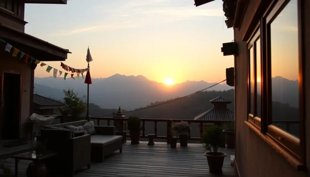 Sunset view from a Bandipur homestay terrace overlooking the Himalayan mountains