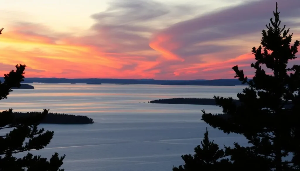 Sunset view from a Casco Bay Island with Portland skyline in the distance