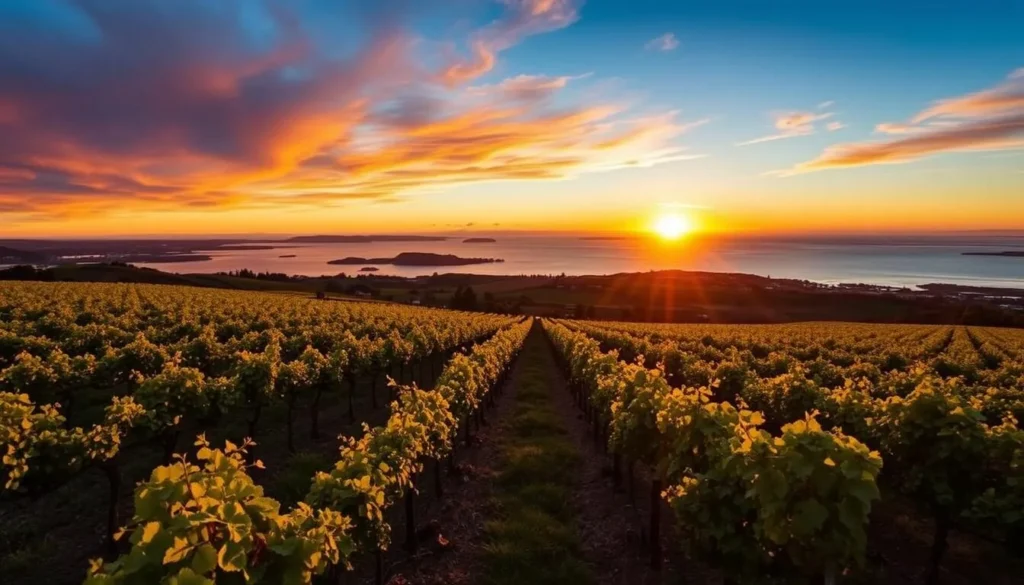 Sunset view from a Waiheke Island vineyard overlooking the Hauraki Gulf