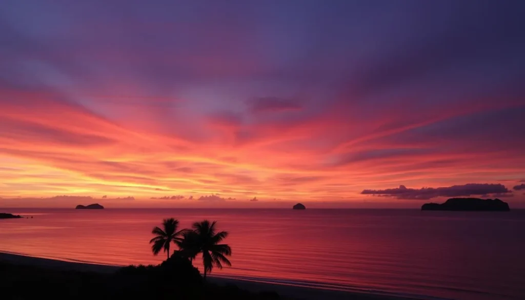 Sunset view from a beach in Taka Bonerate National Park with silhouettes of islands on the horizon