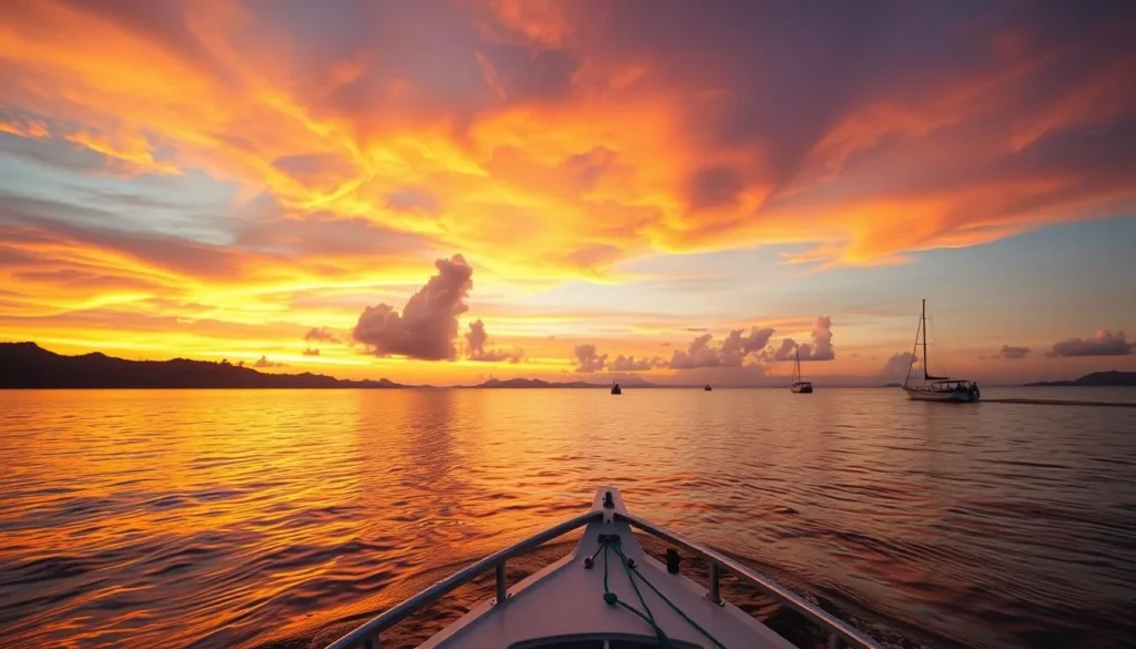 Sunset view from a boat returning to Bontang harbor after a day of island exploration