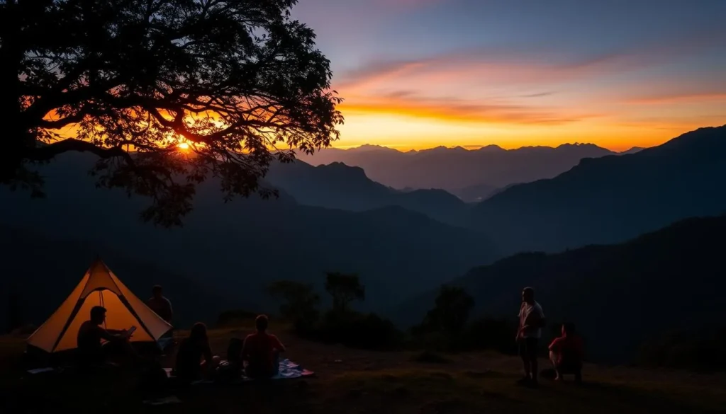 Sunset view from a camp during the Ciudad Perdida trek with mountains in the background