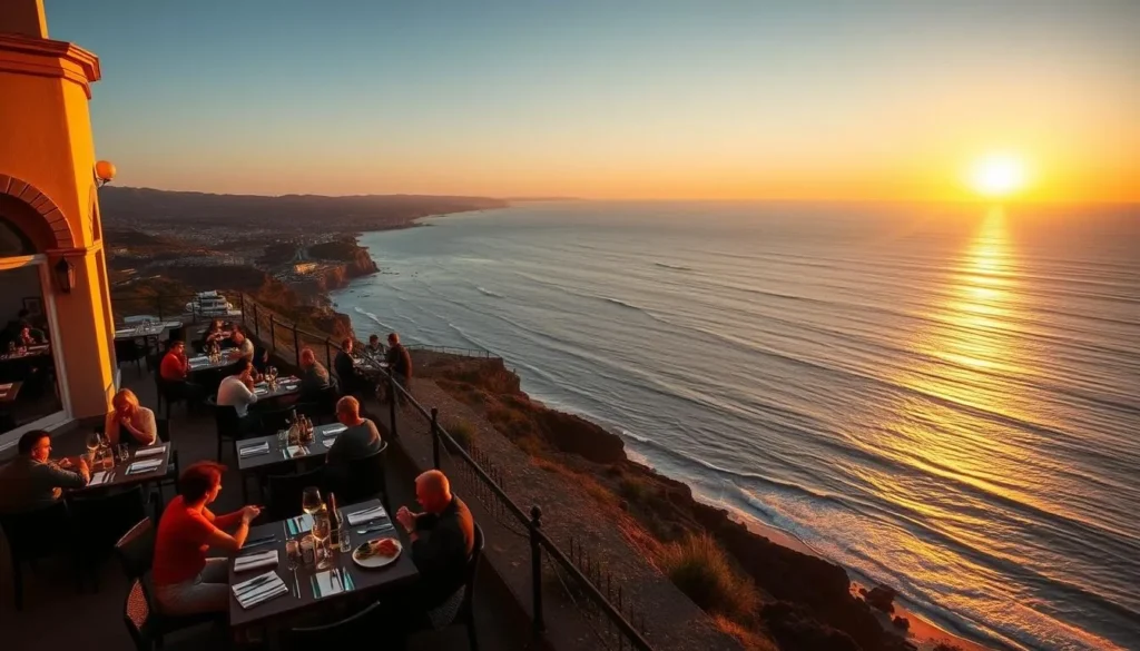 Sunset view from a cliffside restaurant in Reñaca with diners enjoying the ocean panorama