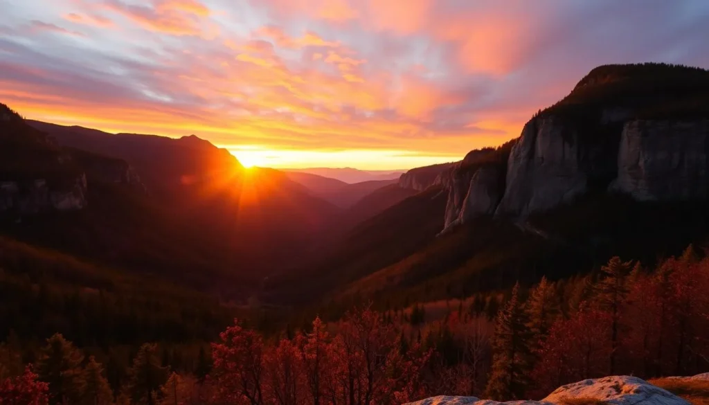 Sunset view from a mountain overlook at Smugglers Notch State Park with golden light on forest and cliffs