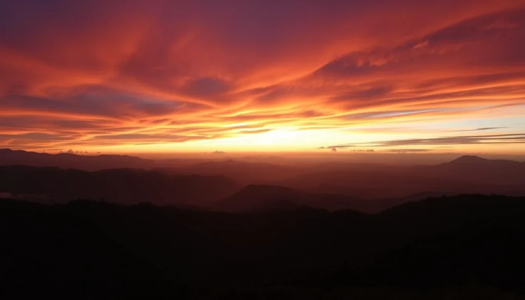 Sunset view from a ridge in Gandang Dewata National Park Indonesia with mountains silhouetted against the sky Sunset view from a ridge in Gandang Dewata National Park Indonesia with mountains silhouetted against the sky