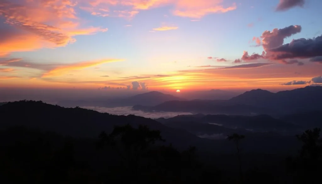 Sunset view from a viewpoint in La Muralla National Park with mountains and forest
