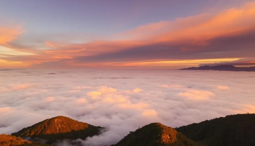 Sunset view from a viewpoint in Montecristo Trifinio National Park with clouds below and mountains in the distance