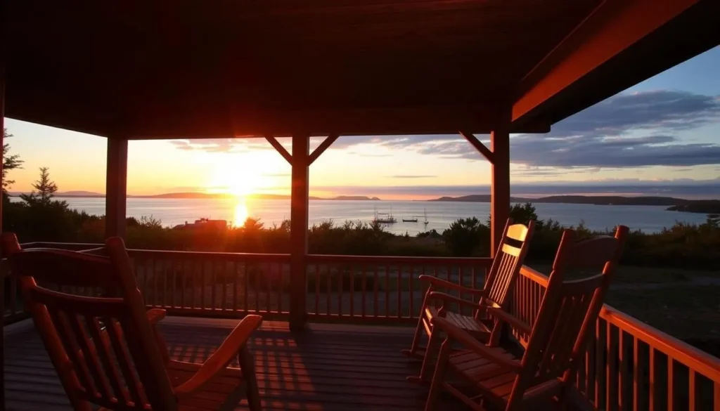 Sunset view from the porch of Chebeague Island Inn overlooking Casco Bay
