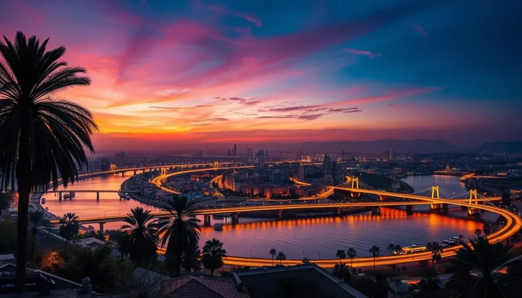 Sunset view of Ahaz cityscape with the Karun River and illuminated bridges Sunset view of Ahaz cityscape with the Karun River and illuminated bridges