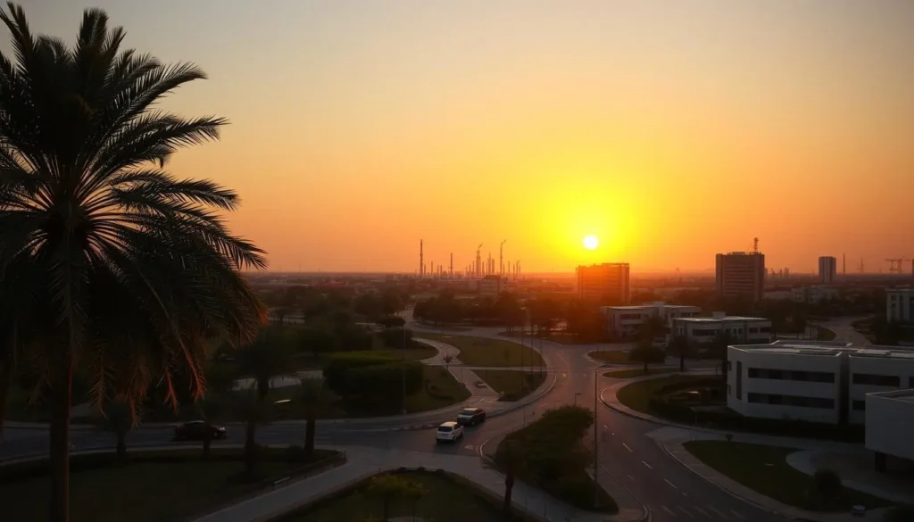 Sunset view of Ahmadi, Kuwait showing the city's unique blend of greenery and oil industry heritage