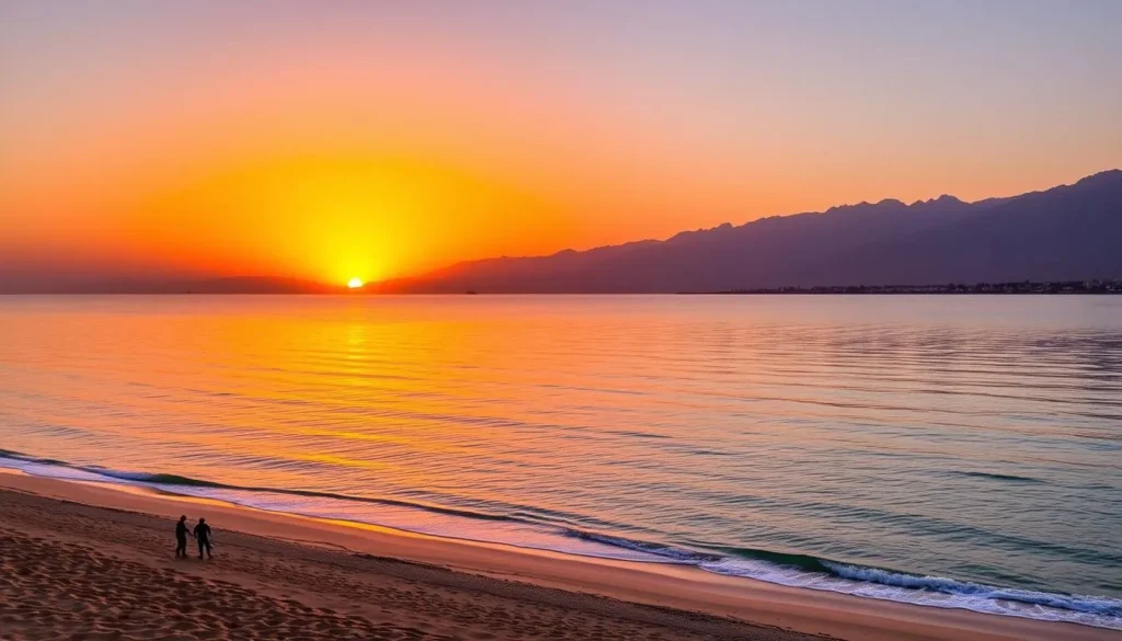 Sunset view of Al Aqah Beach in Dibba with mountains in the background