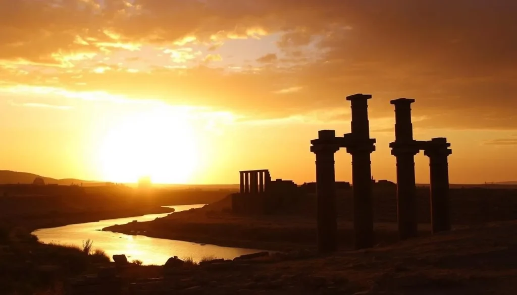 Sunset view of Al-Maghtas with the Jordan River and ancient ruins silhouetted against the golden sky