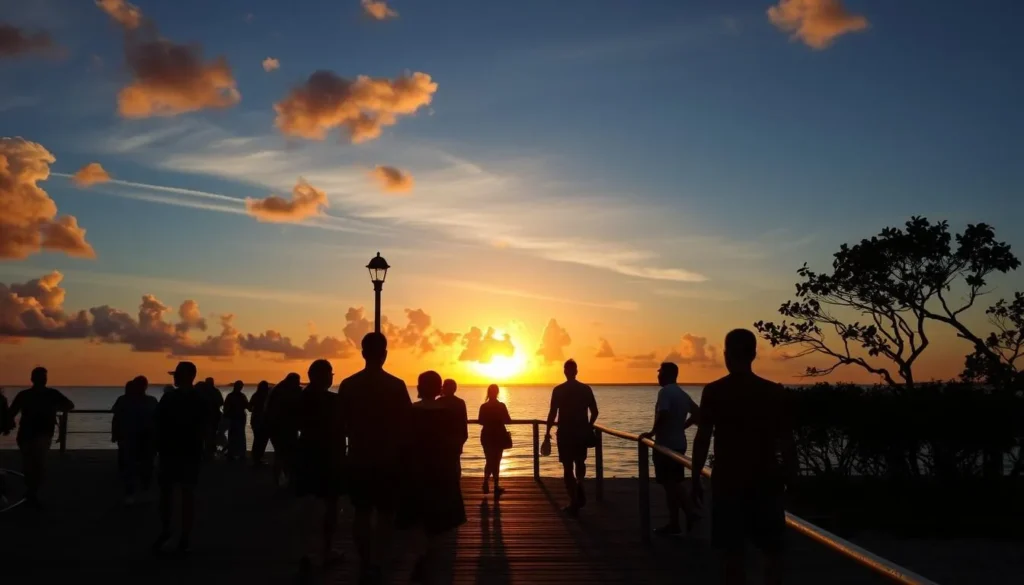 Sunset view of Anne's Beach Islamorada Florida with silhouettes of people enjoying the evening