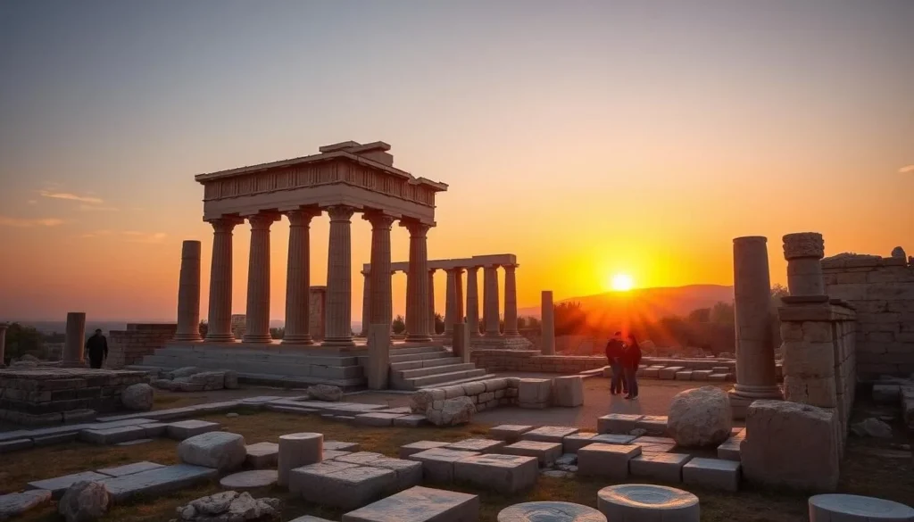 Sunset view of Baalbek ruins with golden light illuminating the ancient stones