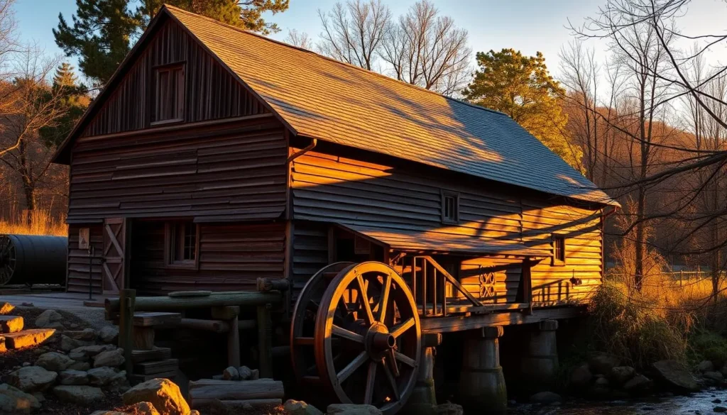 Sunset view of Bale Grist Mill with golden light illuminating the historic structure