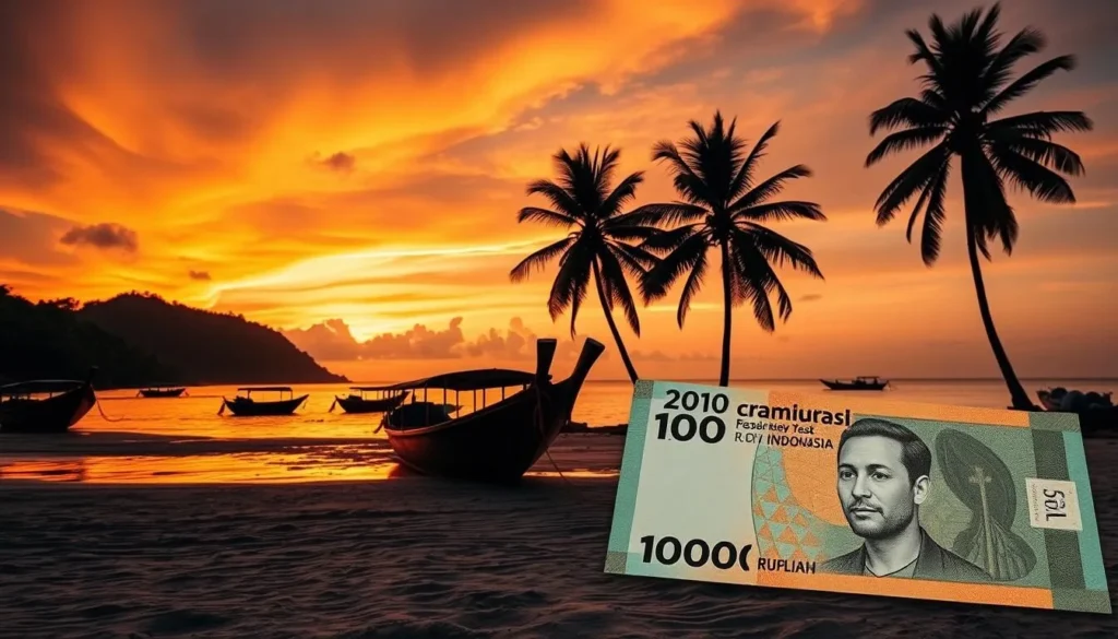 Sunset view of Bali beach with Indonesian currency subtly shown in foreground