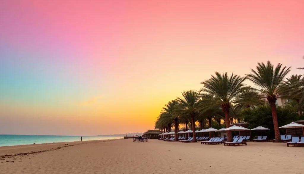 Sunset view of Banana Island Qatar beach with palm trees and loungers