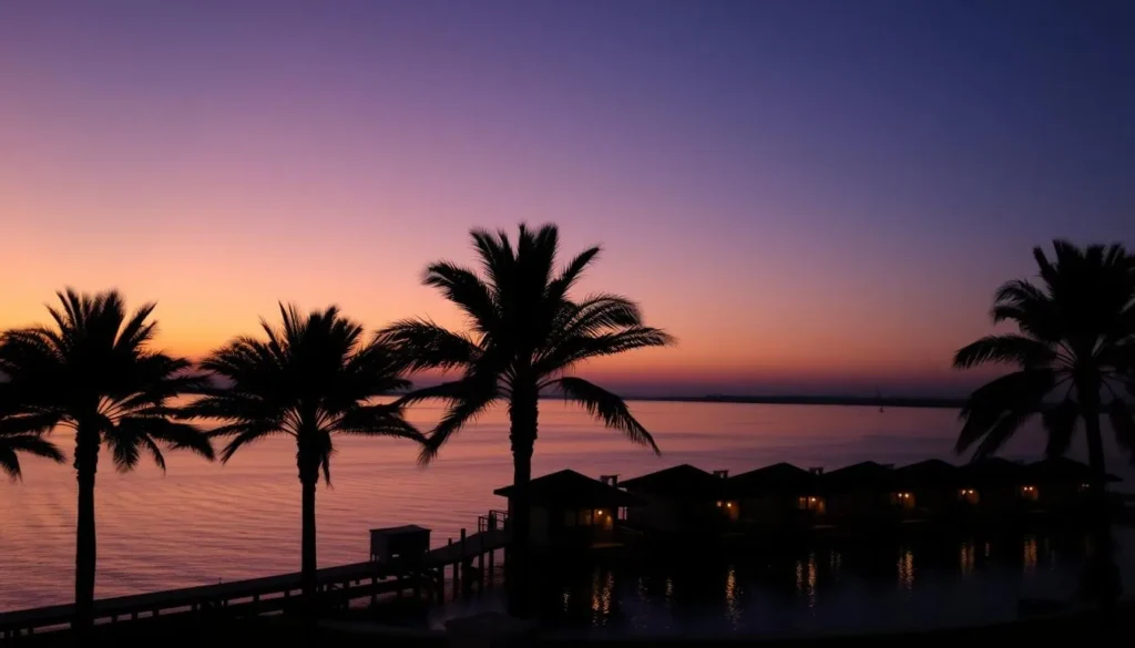 Sunset view of Banana Island Qatar with overwater villas and palm trees
