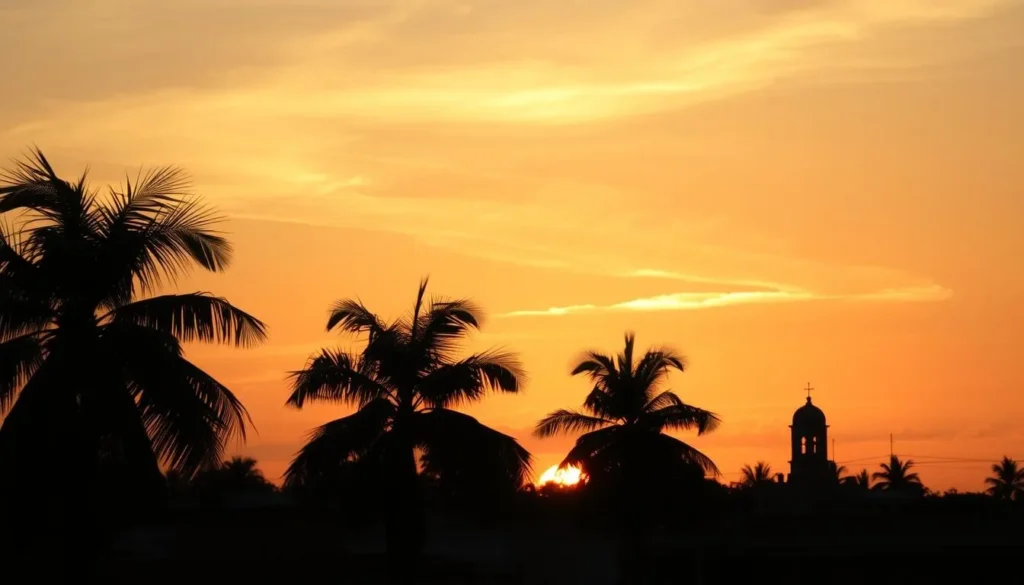 Sunset view of Banes, Cuba with silhouettes of palm trees and colonial buildings