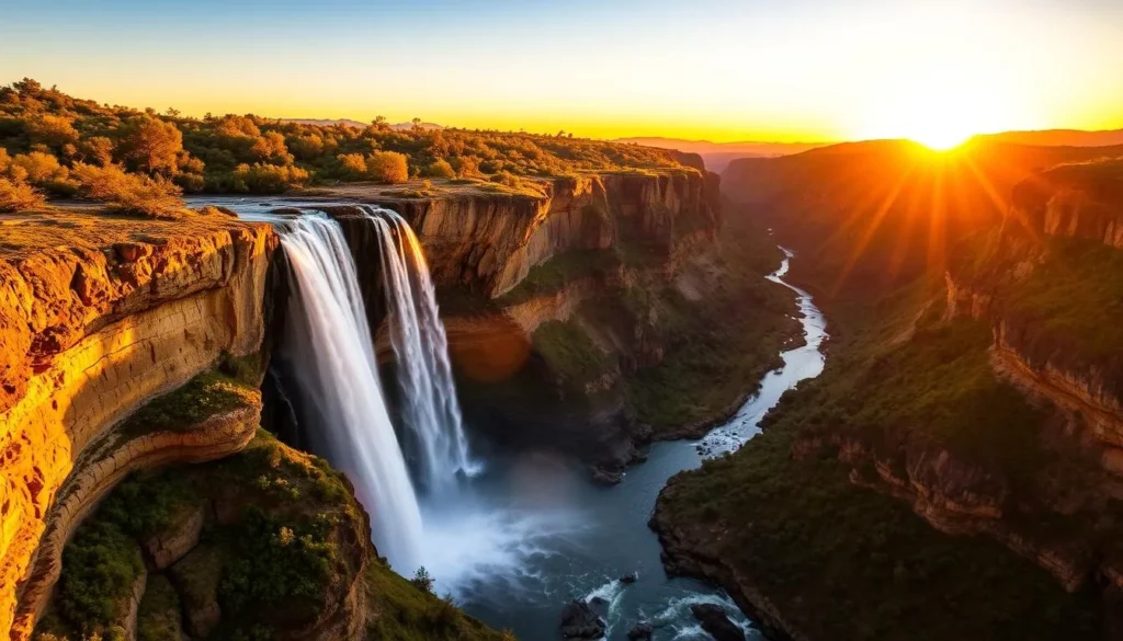 Sunset view of Basaseachic Falls with golden light illuminating the cascade and surrounding canyon